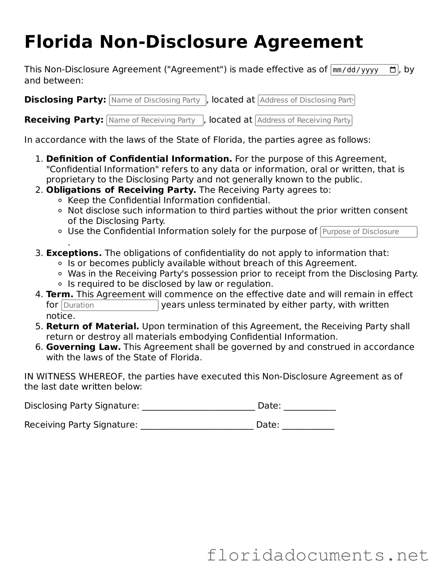 Free  Non-disclosure Agreement Document for Florida