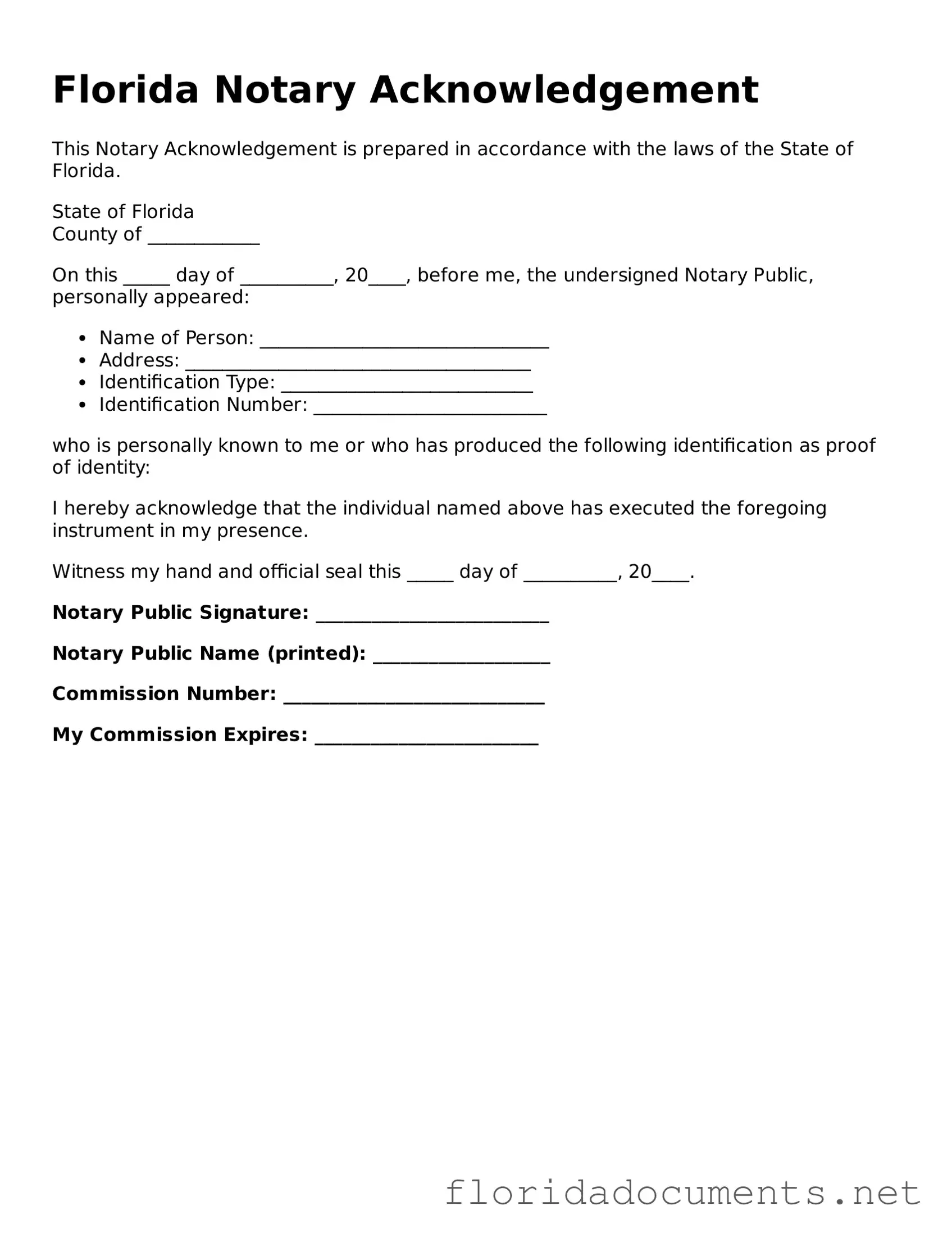 Free  Notary Acknowledgement Document for Florida
