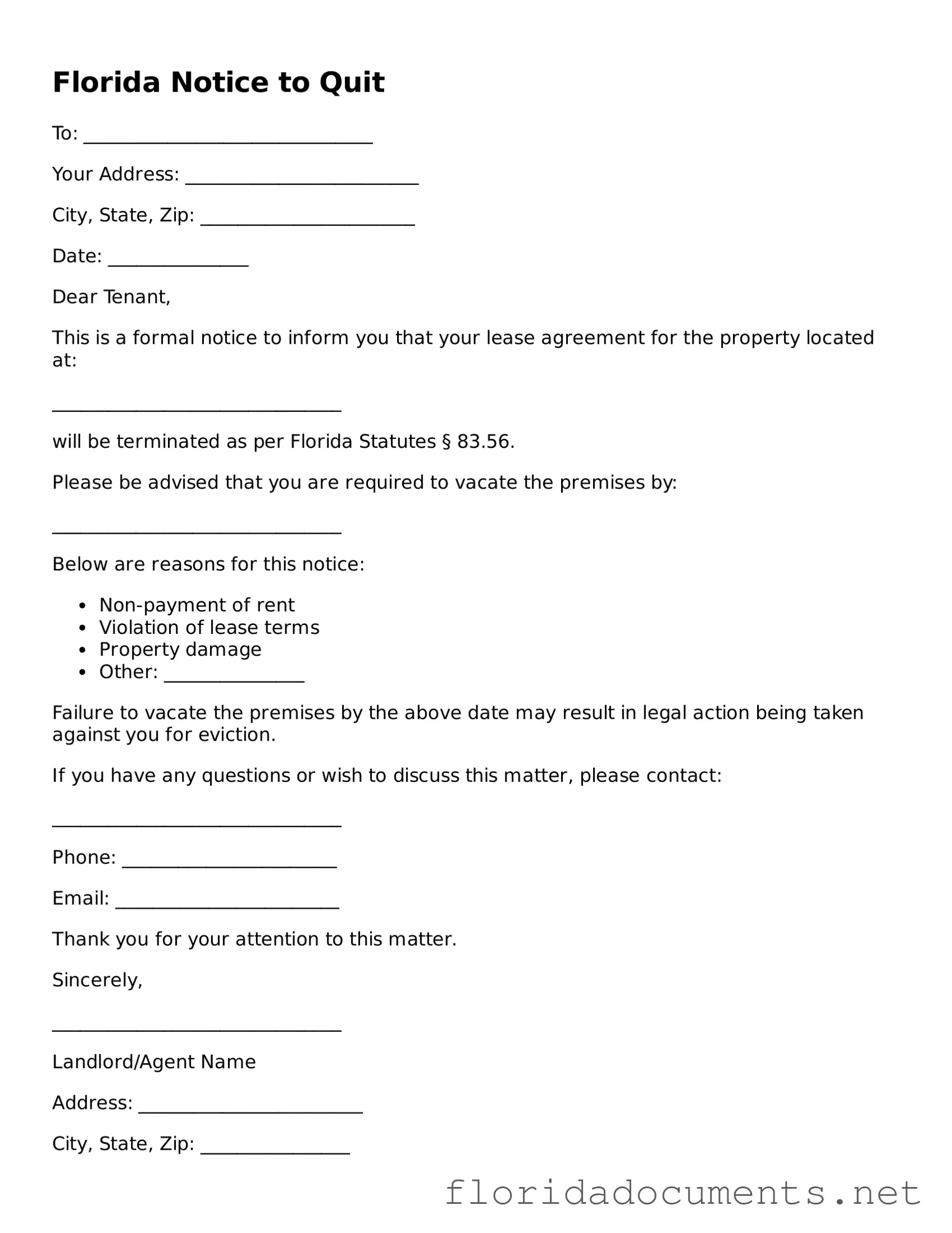 Free  Notice to Quit Document for Florida
