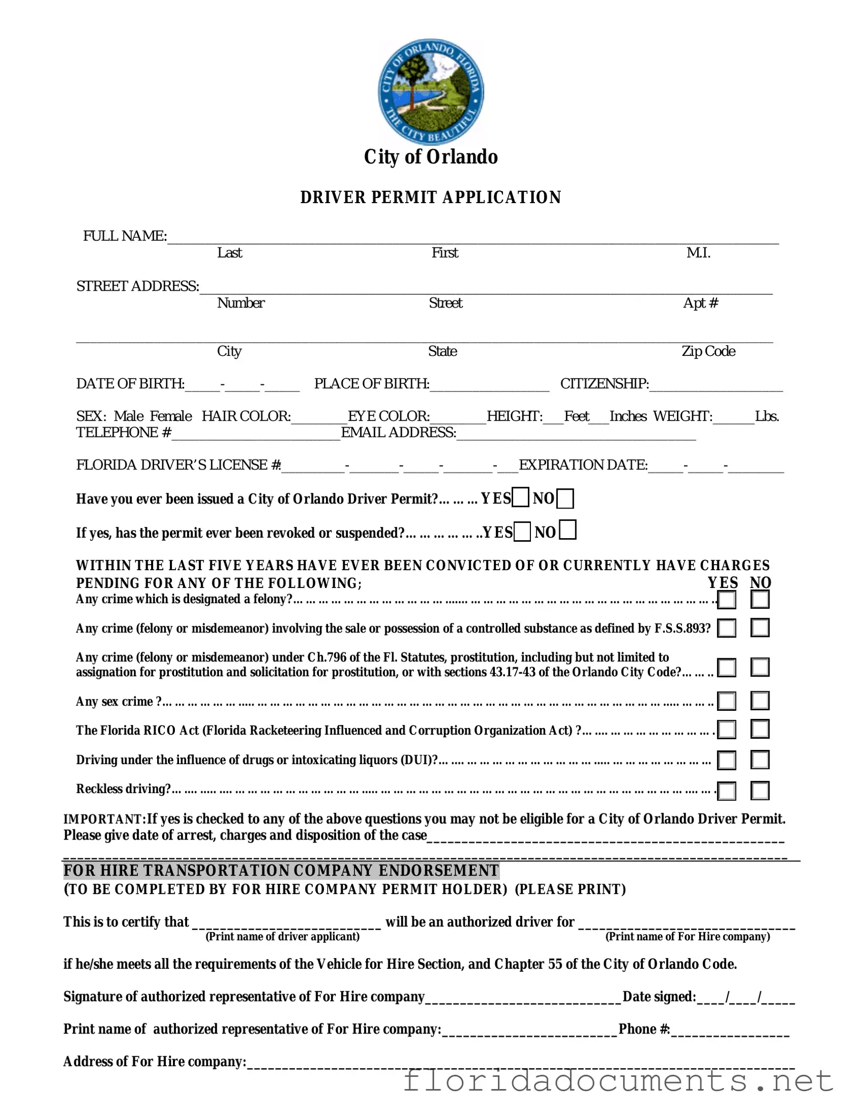 Fill in a Valid Florida Orlando Driver License Form