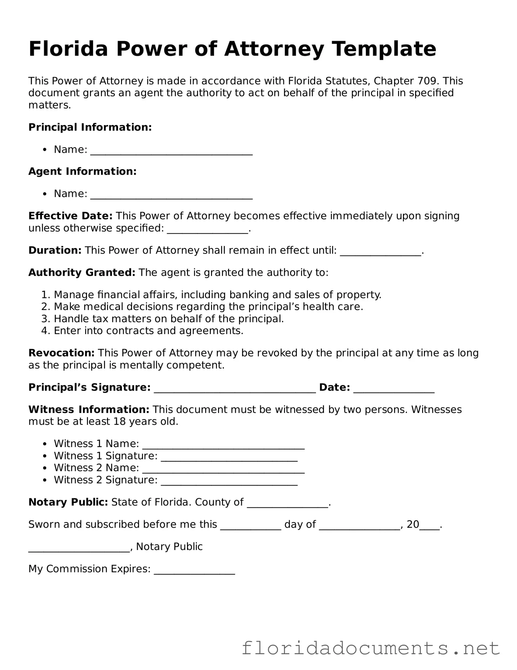 Free  Power of Attorney Document for Florida