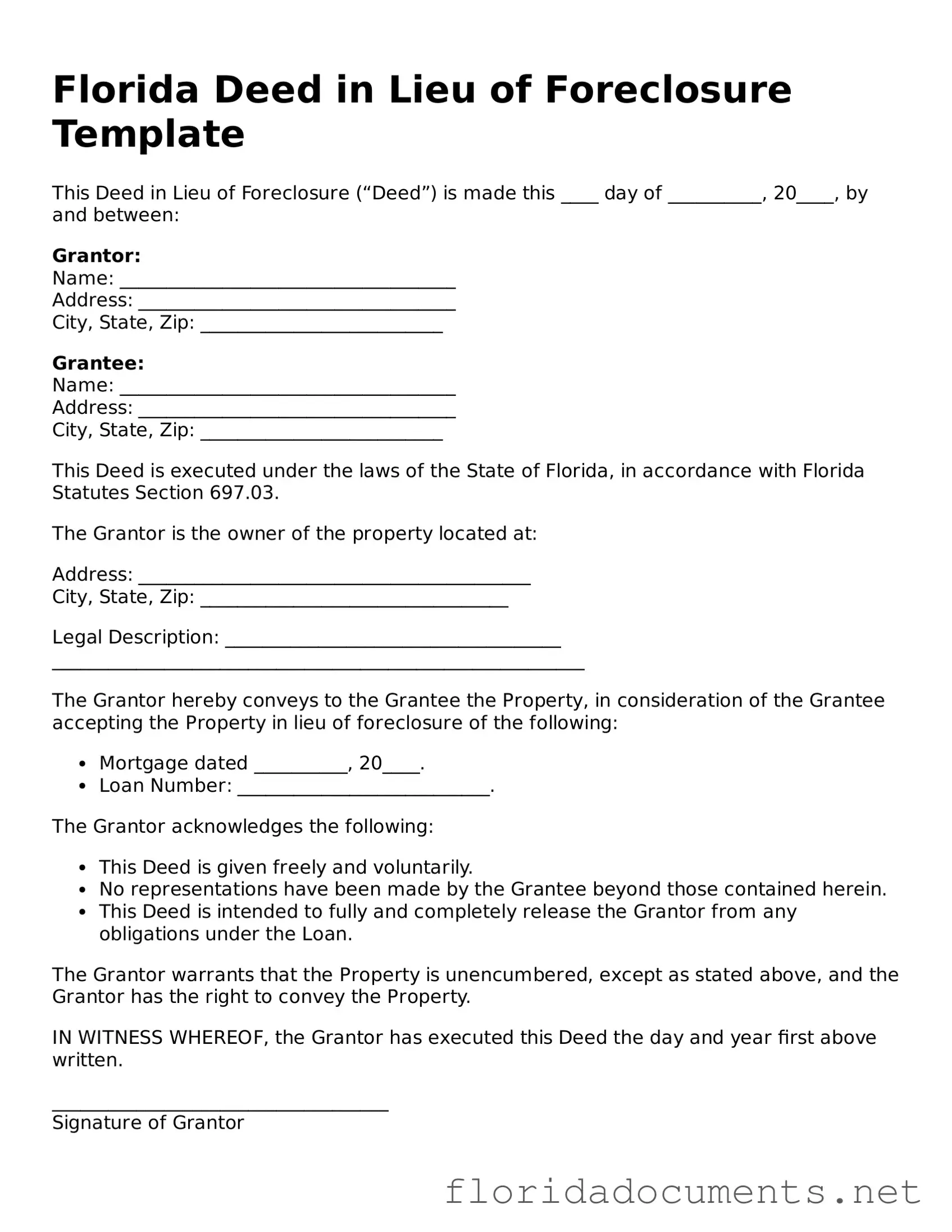 Free  Deed in Lieu of Foreclosure Document for Florida