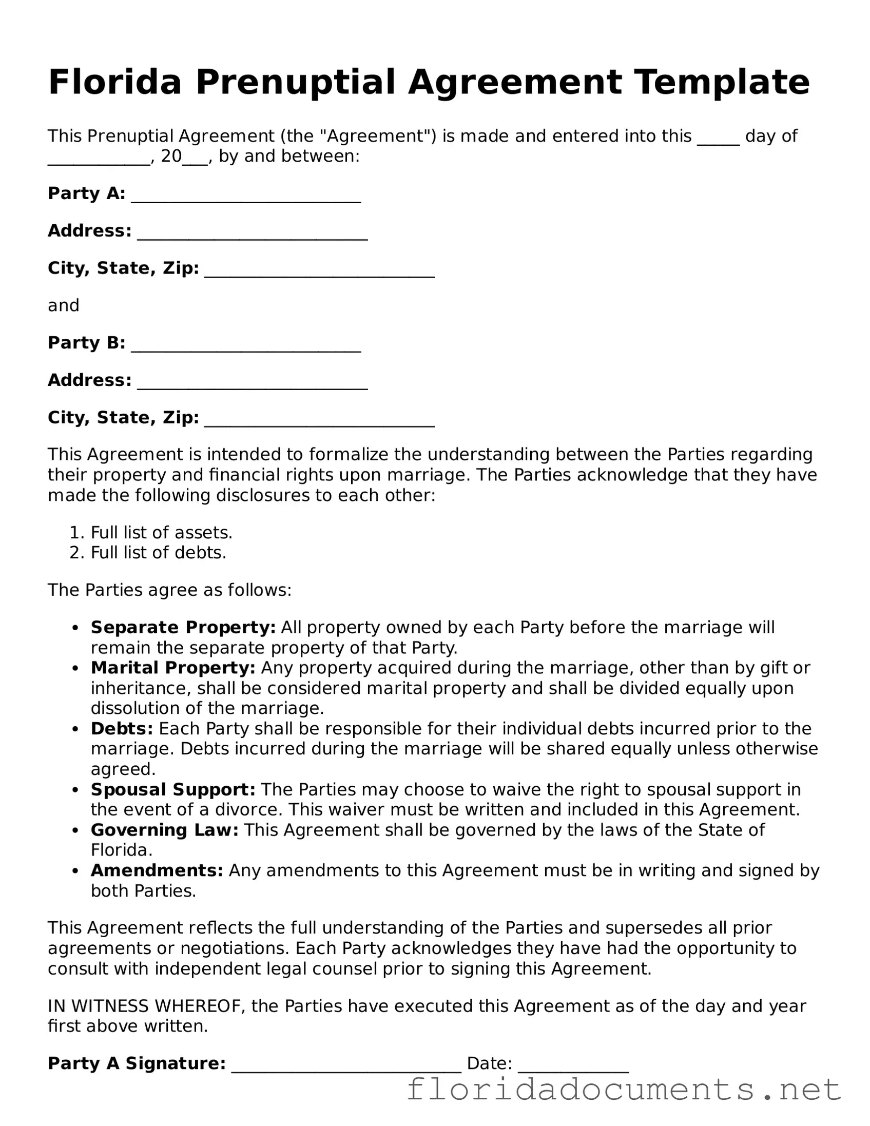 Free  Prenuptial Agreement Document for Florida