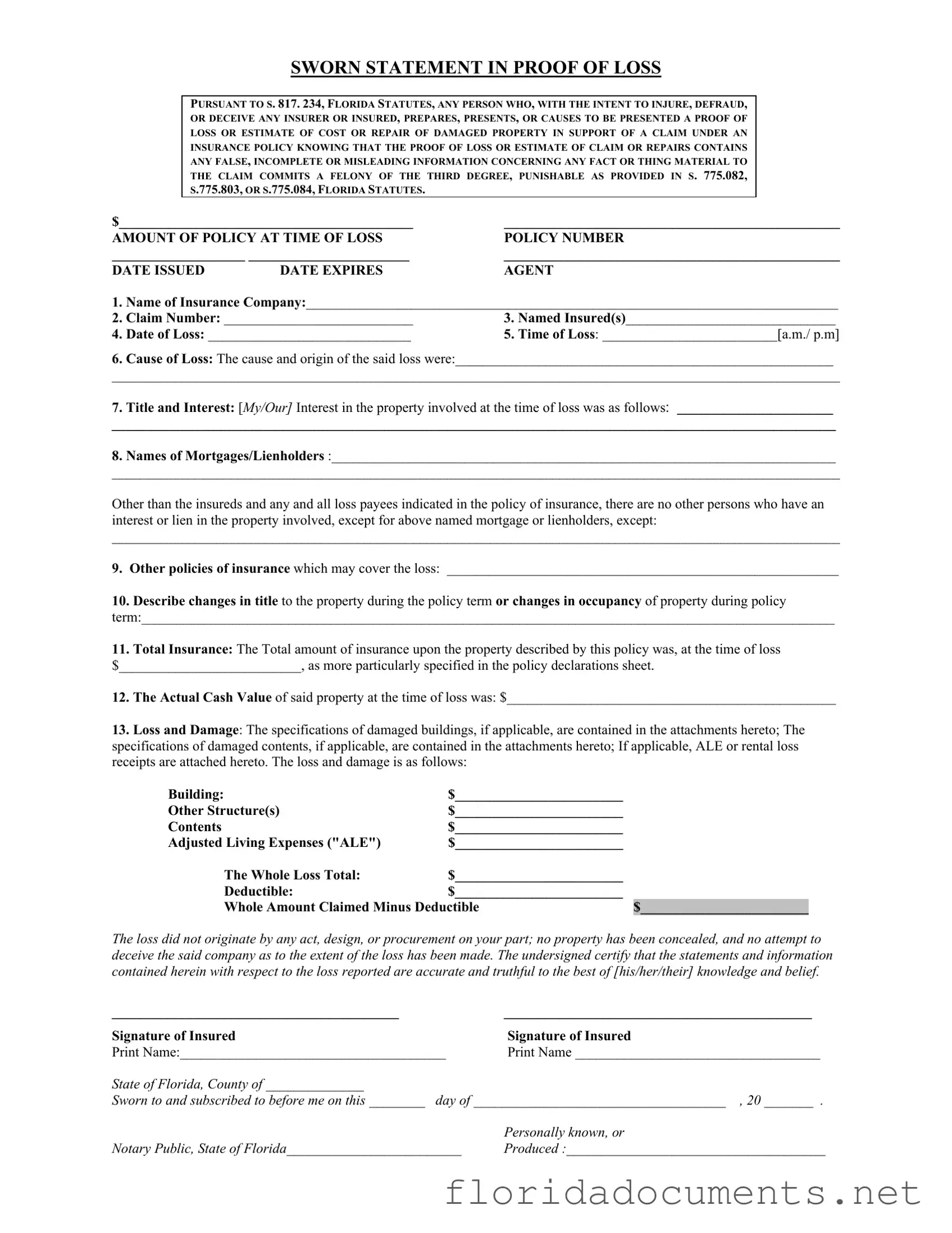 Fill in a Valid Florida Proof Loss Form
