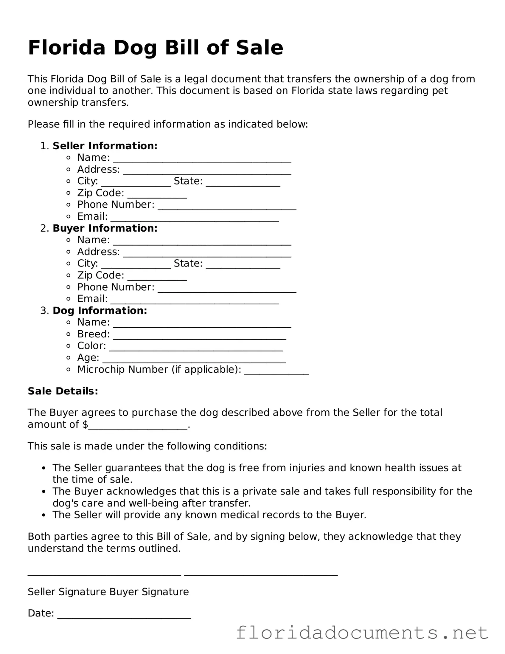 Free  Dog Bill of Sale Document for Florida