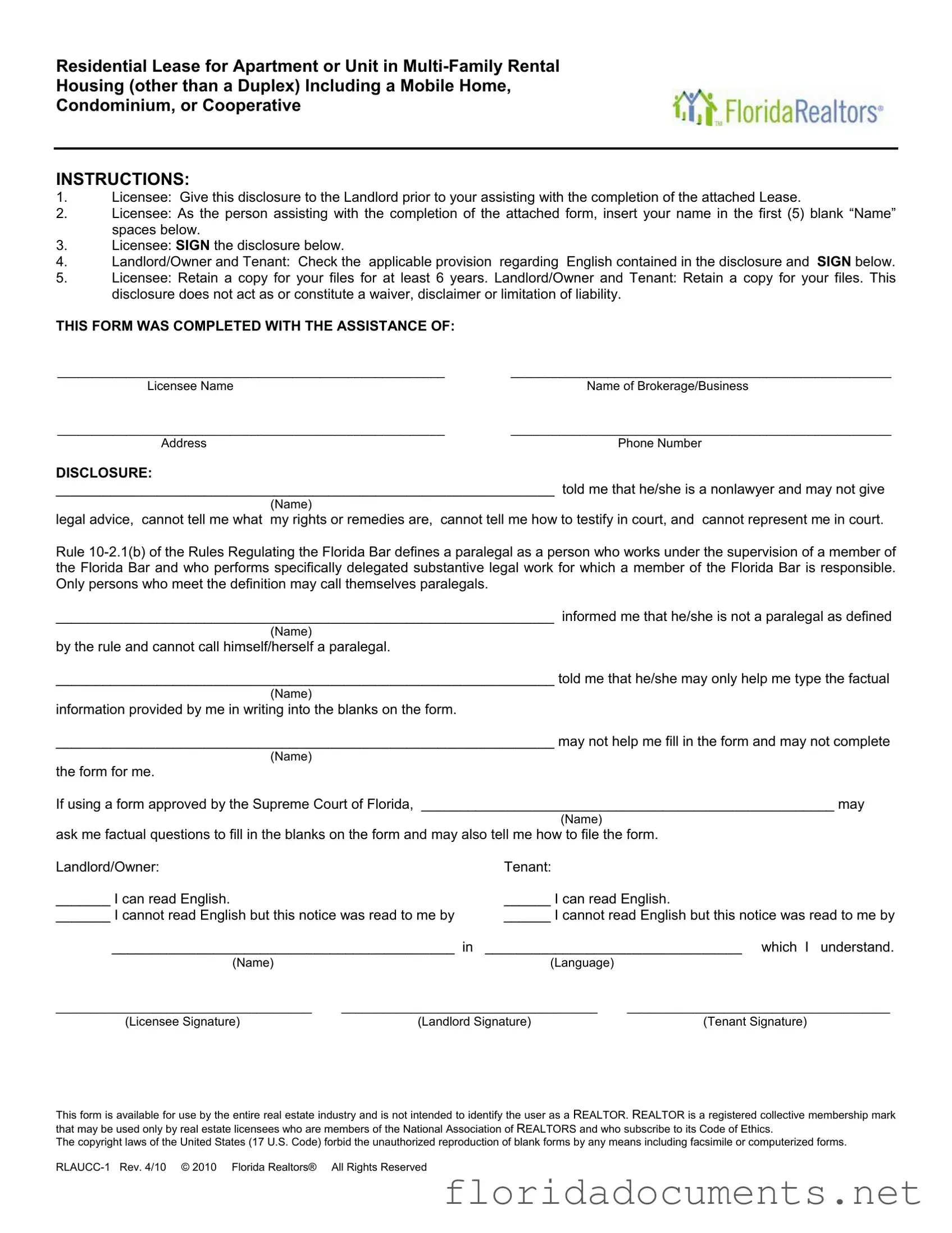 Fill in a Valid Florida Realtors Residential Lease Form