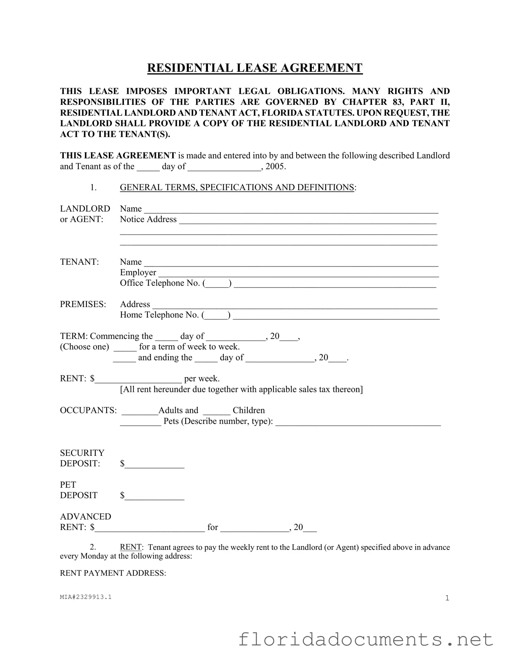 Fill in a Valid Florida Residential Agreement Form