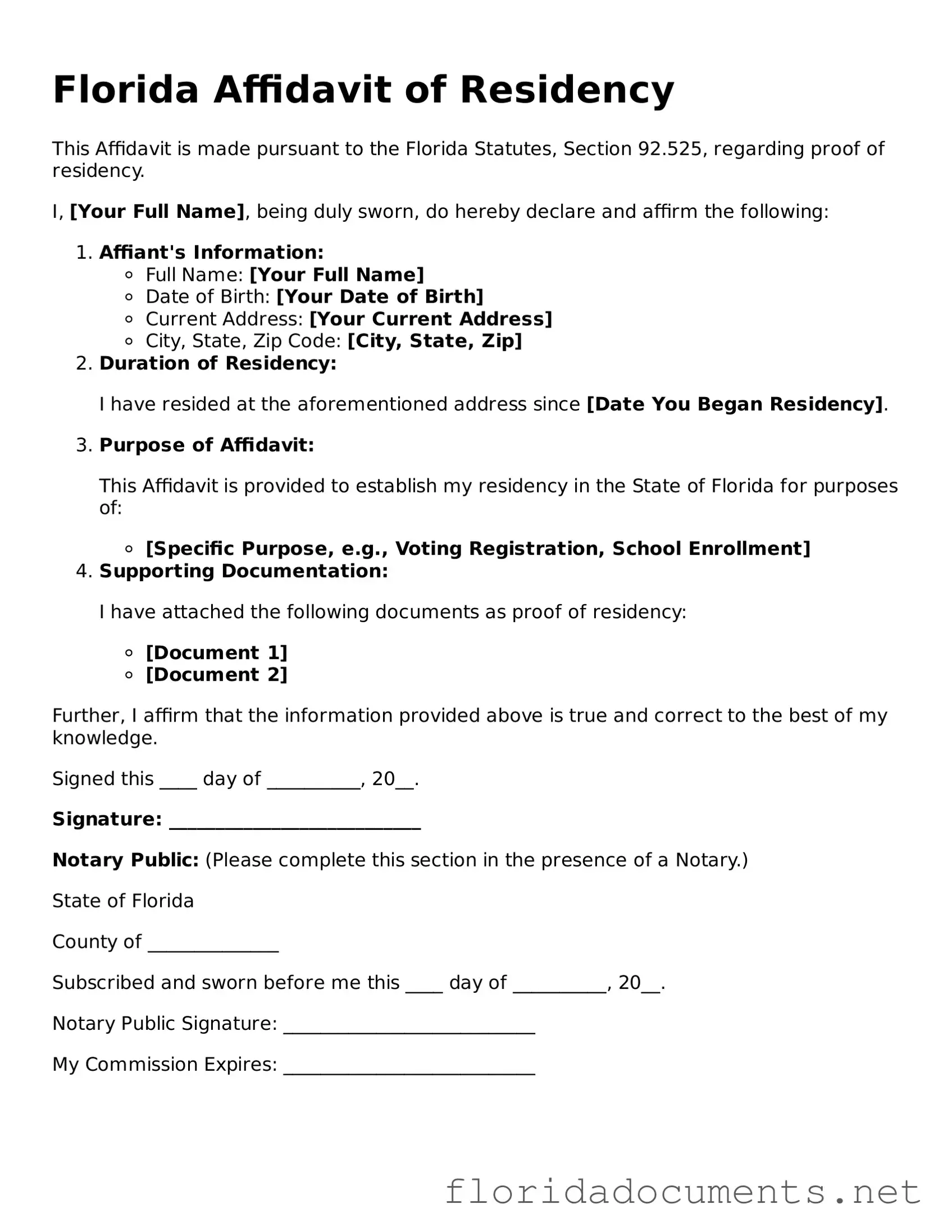 Free  Affidavit of Residency Document for Florida