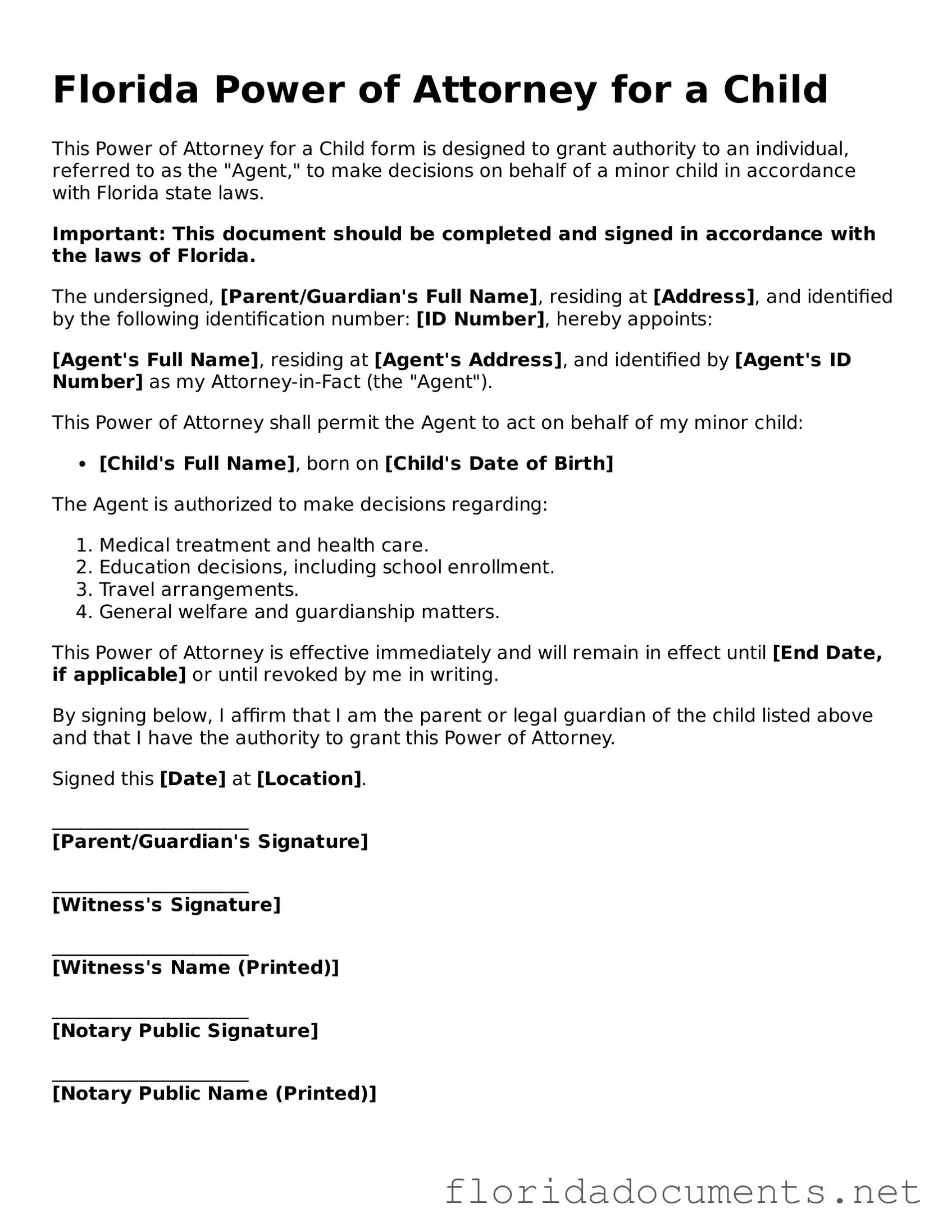 Free  Power of Attorney for a Child Document for Florida