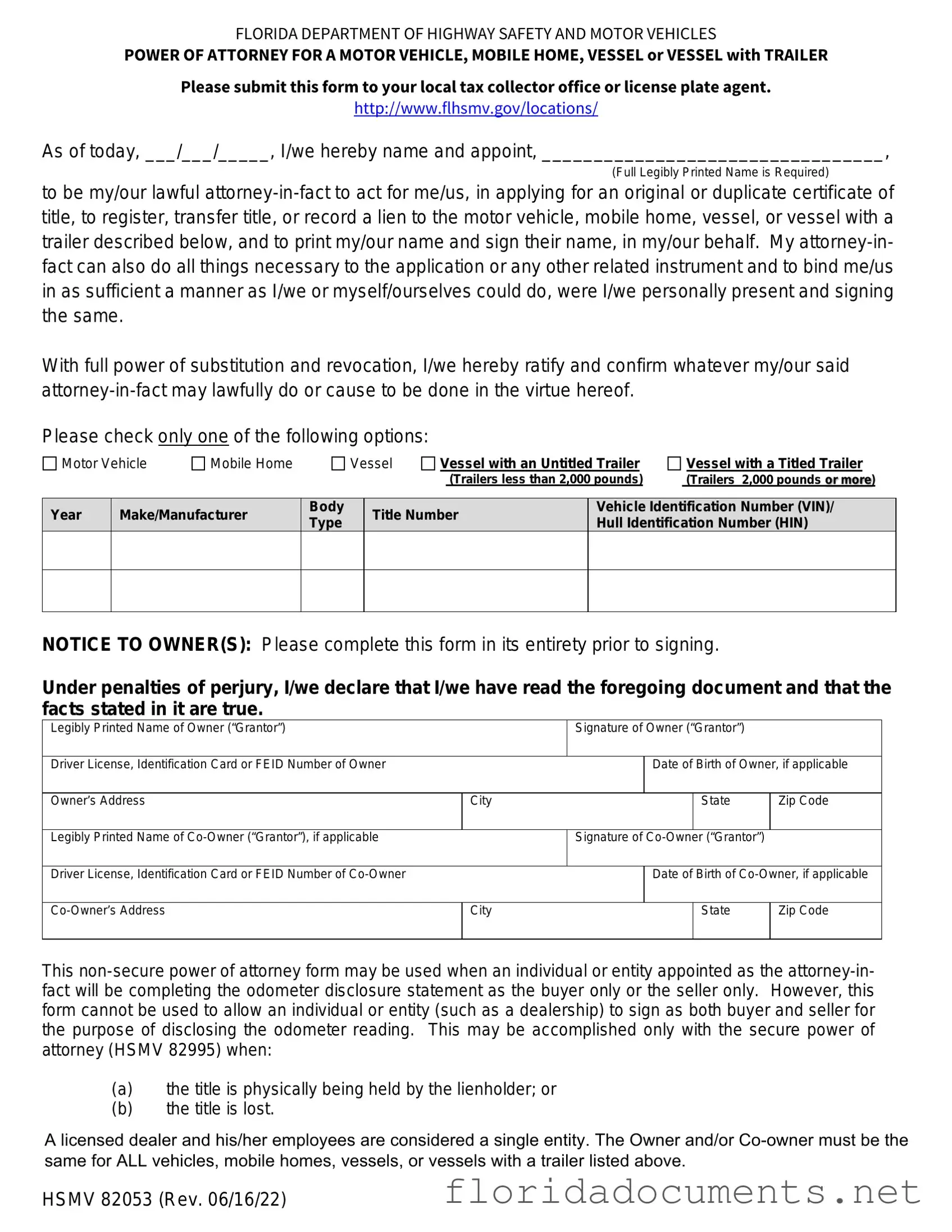 Fill in a Valid Florida Vehicle POA form 82053 Form