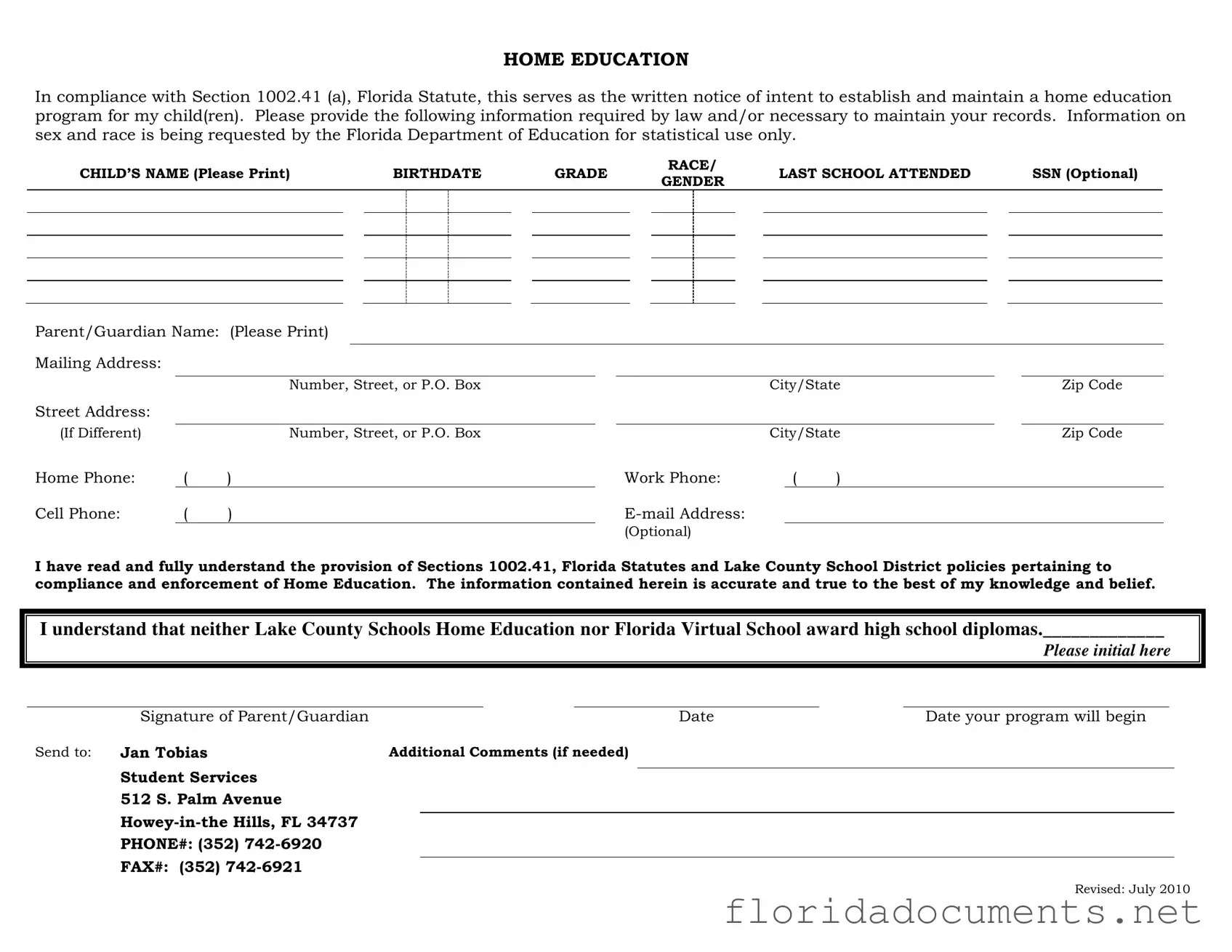 Fill in a Valid Intent To Homeschool Florida Form