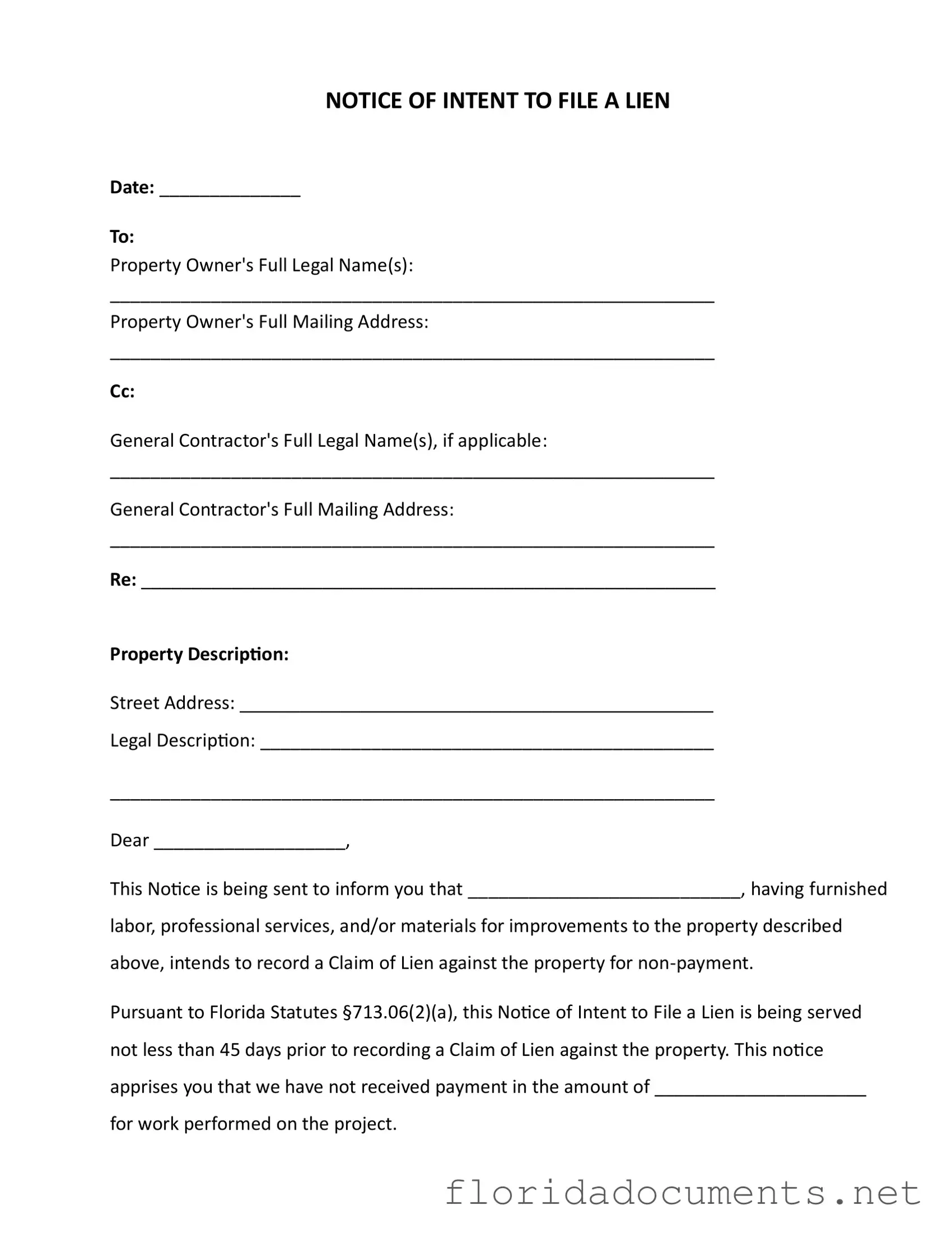 Fill in a Valid Intent To Lien Florida Form