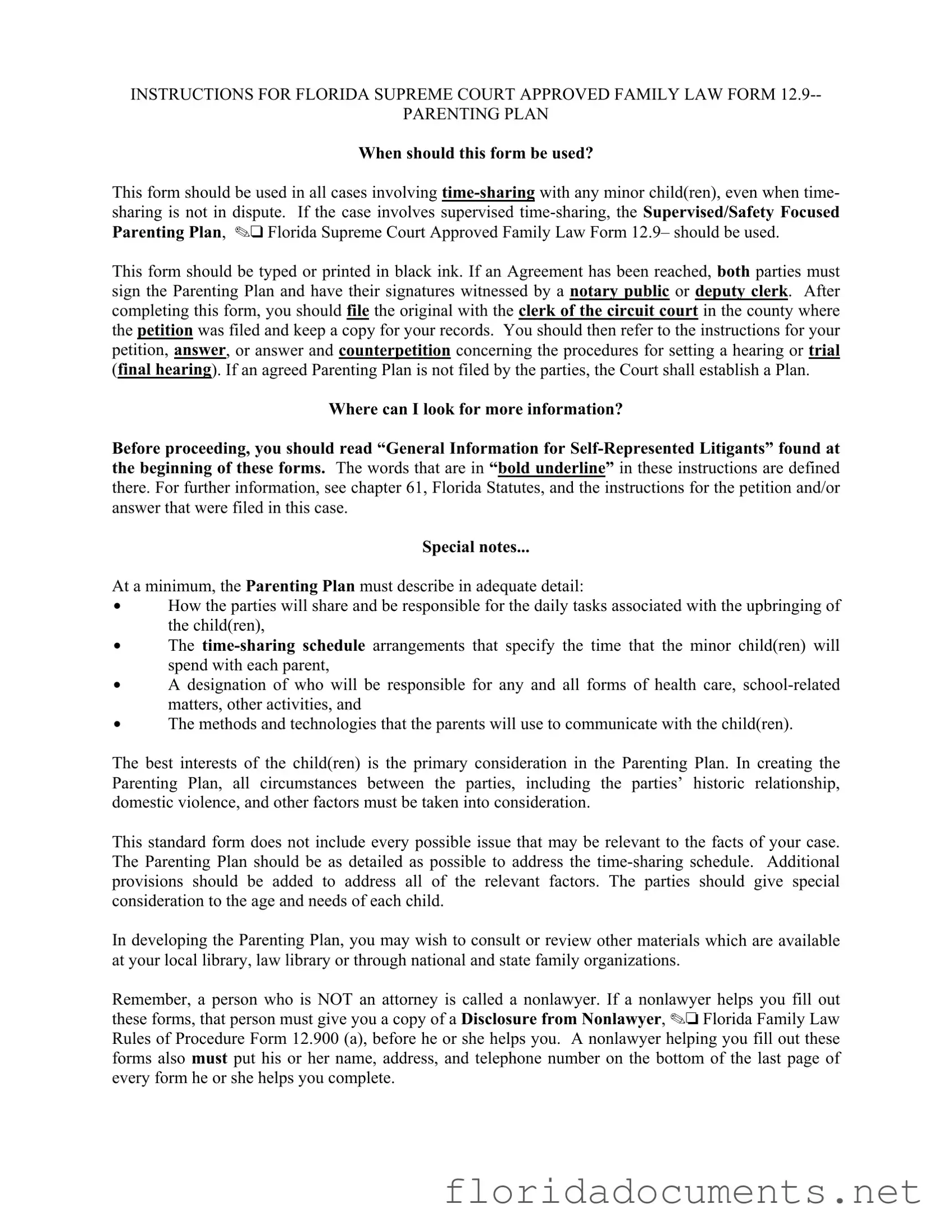 Fill in a Valid Parenting Plan Examples Florida Form