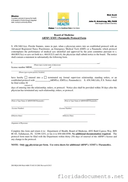 Fill in a Valid Arnp Florida Protocol Form