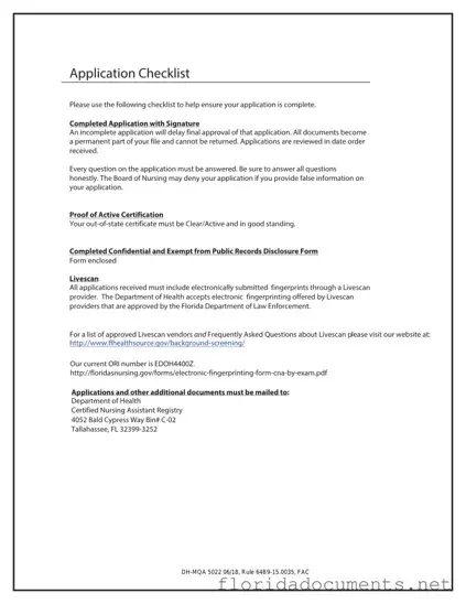 Fill in a Valid Cna License To Florida Form