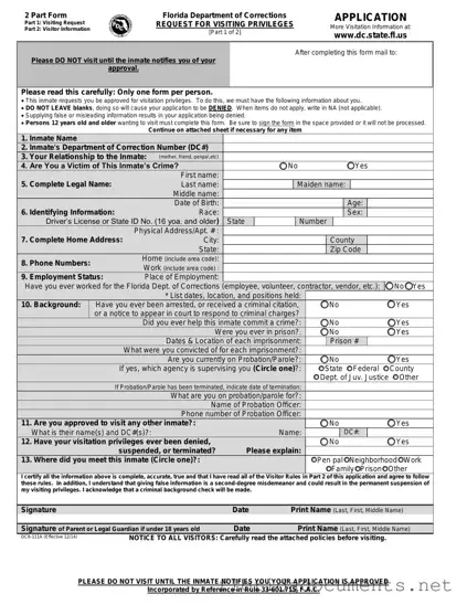 Fill in a Valid Department Of Corrections Visitation Florida Form
