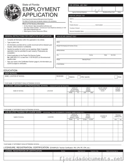 Fill in a Valid Employment Application Florida Form