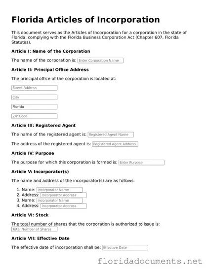 Free  Articles of Incorporation Document for Florida