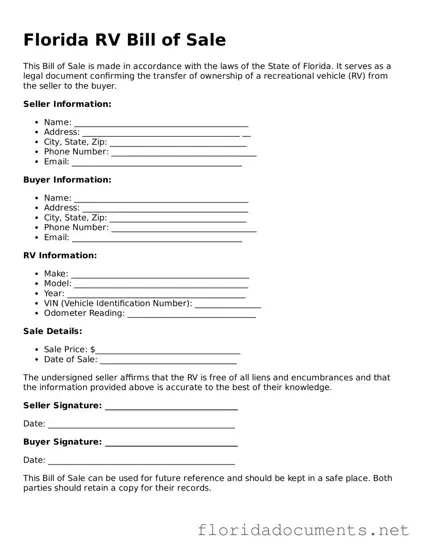 Free  RV Bill of Sale Document for Florida