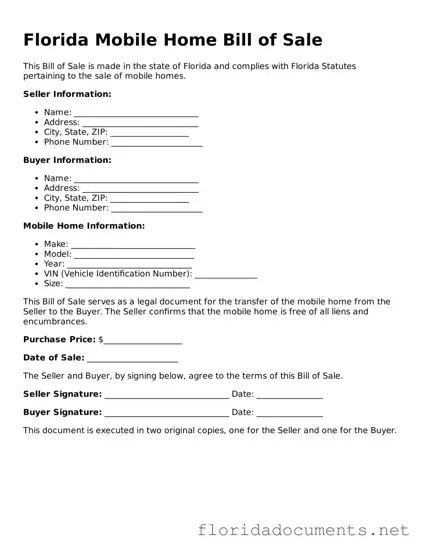 Free  Mobile Home Bill of Sale Document for Florida