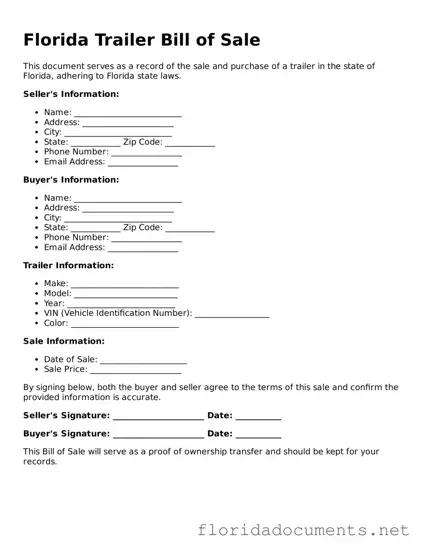 Free  Trailer Bill of Sale Document for Florida