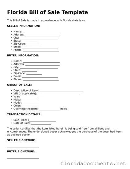 Free  Bill of Sale Document for Florida