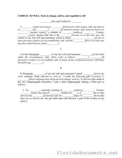 Fill in a Valid Florida Codicil Form