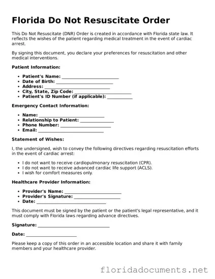 Free  Do Not Resuscitate Order Document for Florida