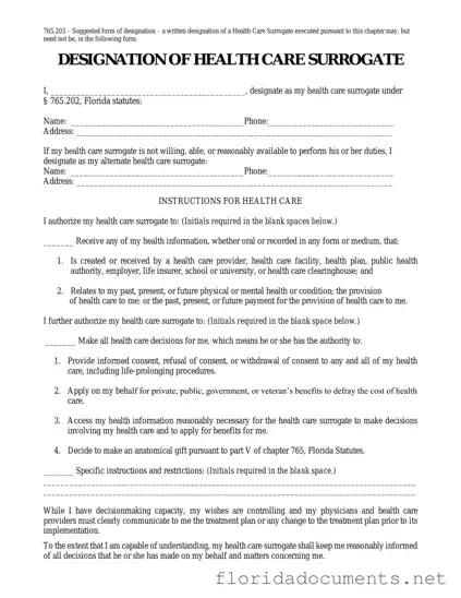 Fill in a Valid Florida Health Care Surrogate Form