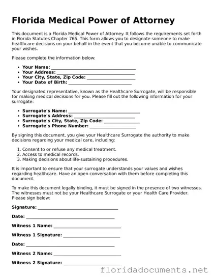 Free  Medical Power of Attorney Document for Florida