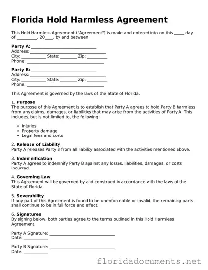Free  Hold Harmless Agreement Document for Florida