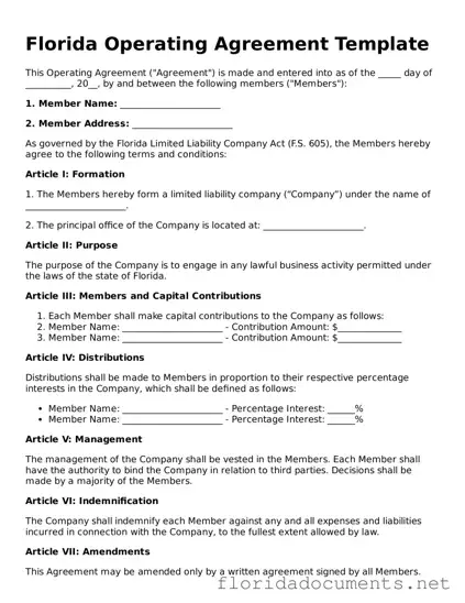 Free  Operating Agreement Document for Florida