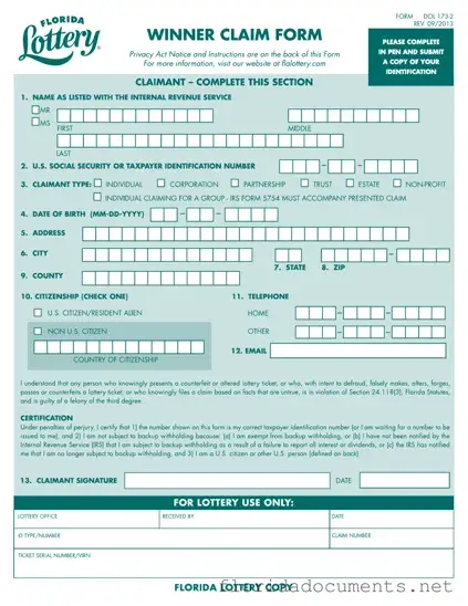 Fill in a Valid Florida Lottery Claim Form