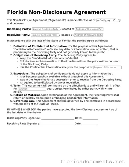 Free  Non-disclosure Agreement Document for Florida