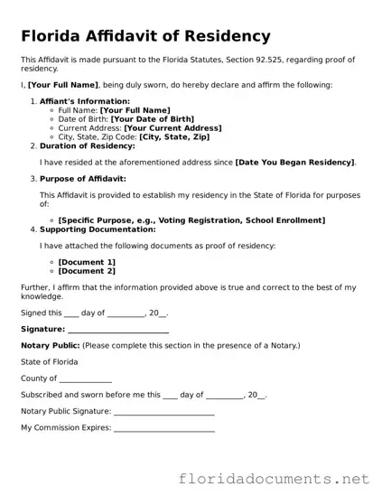 Free  Affidavit of Residency Document for Florida