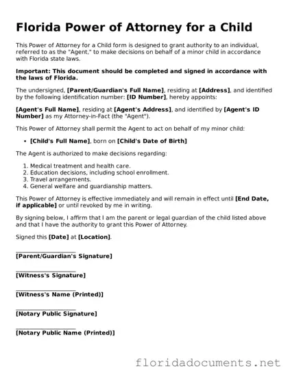 Free  Power of Attorney for a Child Document for Florida
