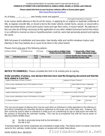 Fill in a Valid Florida Vehicle POA form 82053 Form