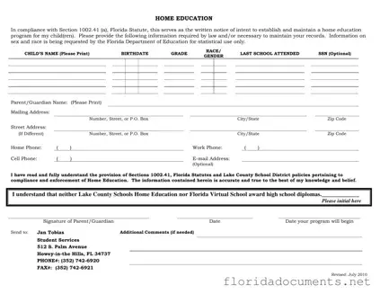 Fill in a Valid Intent To Homeschool Florida Form