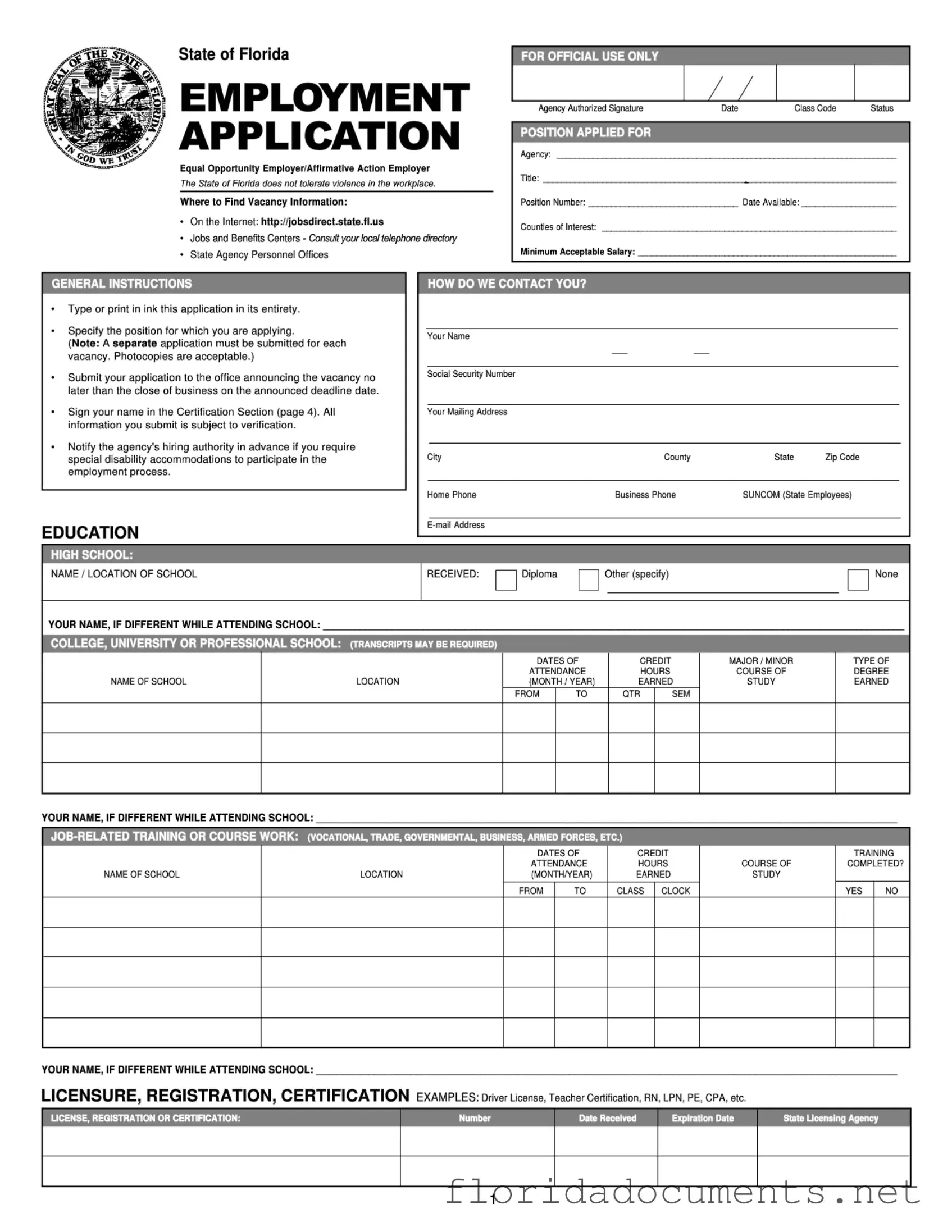 Fill in a Valid State Florida Employment Application Form
